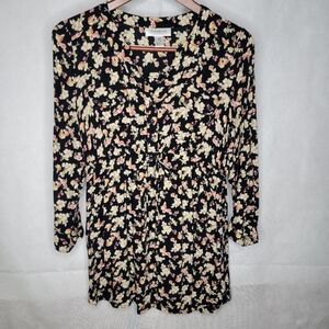 Motherhood Maternity Babydoll Blouse Black Floral Roll Tab Sleeve Drawstring M